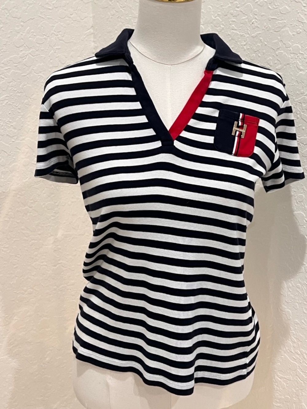 Tommy Hilfiger Navy & White Striped V‑Neck Polo with Red Trim